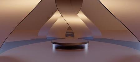 Luxury bronze podium with geometric objects. Stand to show products. Stage showcase with copy space. Pedestal display. Banner size. Website cover template. 3D rendering. photo