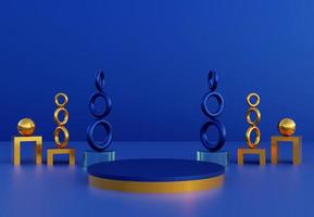 Blue cylinder podium with decorative objects in blue background. Stand to show products. Stage showcase with copy space. Pedestal display. Banner size. Website cover template. 3D rendering.