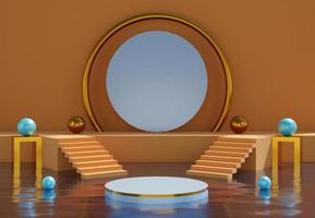 Light blue cylinder podium with decorative objects in brown background. Stand to show products. Stage showcase with copy space. Pedestal display. Banner size. Website cover template. 3D rendering.