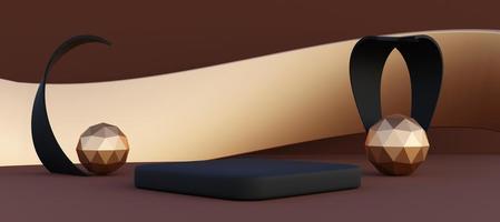 Elegant podium with  abstract art objects. Stand to show products. Stage showcase with copy space. Pedestal display. Banner size. Website cover template. 3D rendering.