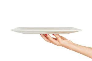 Blank white matte rectangular plate in female hand. perspective view, isolated on white background photo
