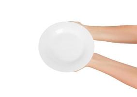 Blank empty round plate in female hand. perspective view, isolated on white background photo