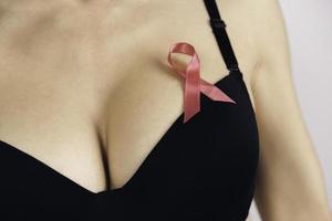 Health care, medicine and breast cancer awareness concept. Young woman in bra with pink ribbon symbol photo