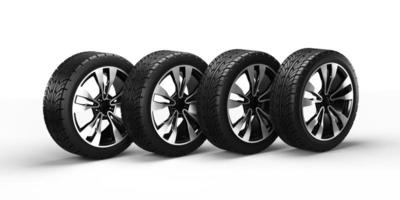 Four car wheels isolated on white background, in a row. 3D rendering illustration. photo