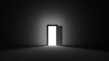 An open door with bright light streaming into a very dark room. 3D rendering illustration photo
