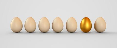 Golden egg in a row of the white eggs. Easter eggs. 3D rendering illustration. photo