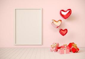 interior rosa con regalos, globos en forma de corazón y marco. día de san valentín, ilustración de representación 3d. foto