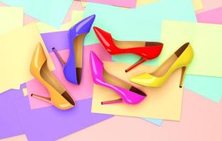 Bright colored women's shoes on a solid background. 3D rendering illustration. photo