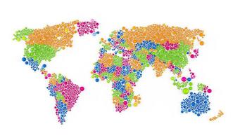 Multicolored raster abstract composition of World Map constructed of spheres items. 3D rendering illustration. photo