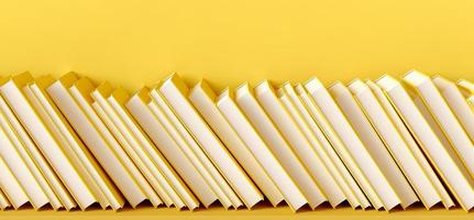 The books are tilted on a yellow shelf. 3D rendering illustration. photo