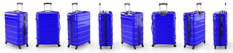 un juego de maletas azules sobre un fondo blanco. ilustración de representación 3d. foto
