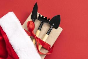 Christmas and new year composition with garden tools, shovel and rake and Santa Claus hat on a red background. The concept of gardening and farming for cards, calendars, covers. photo