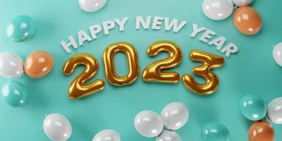 3d rendering. gold text number 2023 and white balloons composition on green background. design for happy new year background. photo