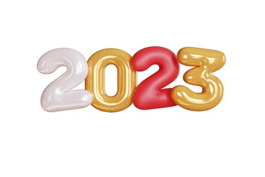 3d rendering. gold text number 2023 and white balloons composition on white background. design for happy new year background. photo