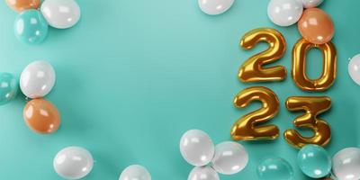 3d rendering. gold text number 2023 and white balloons composition on green background. design for happy new year background. photo