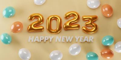 representación 3d texto dorado número 2023 y composición de globos blancos sobre fondo naranja. diseño para el fondo de feliz año nuevo. foto