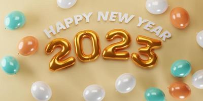 representación 3d texto dorado número 2023 y composición de globos blancos sobre fondo naranja. diseño para el fondo de feliz año nuevo. foto