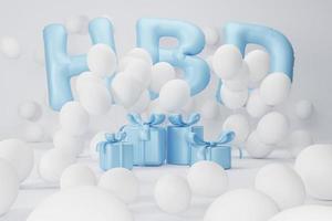 representación 3d texto azul hbd, caja de regalo y globos blancos, composición sobre fondo blanco. diseño para fondo de cumpleaños. foto