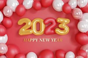 3d rendering. gold text number 2023 and white balloons composition on red background. design for happy new year background. photo