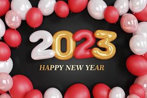 representación 3d texto dorado número 2023 y composición de globos blancos sobre fondo negro. diseño para el fondo de feliz año nuevo. foto