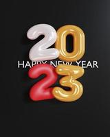 3d rendering. gold text number 2023 and white balloons composition on black background. design for happy new year background. photo