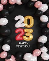 3d rendering. gold text number 2023 and white balloons composition on black background. design for happy new year background. photo