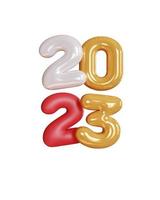 representación 3d texto dorado número 2023 y composición de globos blancos sobre fondo blanco. diseño para el fondo de feliz año nuevo. foto