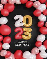 3d rendering. gold text number 2023 and white balloons composition on black background. design for happy new year background. photo