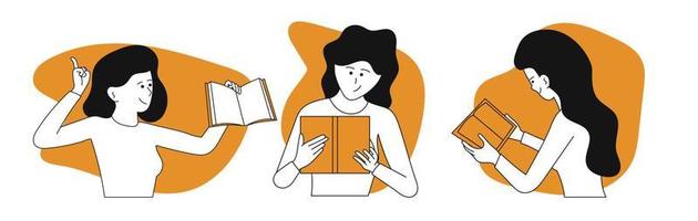 Woman reading book vector concept illustration. Education character and student study. Knowledge with literature and female hobby learning. Smart information and educational literary. Clever adult