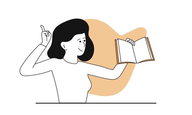 Woman learning vector concept illustration. Online education and student study. Character and internet knowledge. Studying on book and female training. Course information and lesson on textbook