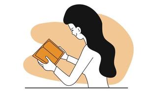 Woman reading book vector concept illustration. Education character and student study. Knowledge with literature and female hobby learning. Smart information and educational literary. Clever adult