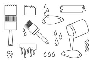 Samples of paint, drips, puddles and drops. Vector illustration, outline icons. Linear drawing of paint brushes and can of paint.