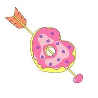 donut en glaseado de fresa en forma de corazón flecha de cupido donut perforado vector