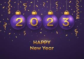 Happy New Year 2023. Hanging purple Christmas bauble balls with realistic golden 3d numbers 2023, glitter confetti. Greeting card. Holiday Xmas and New Year poster, banner, flyer. Vector Illustration