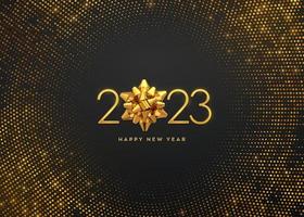 Happy New 2023 Year. Golden metallic luxury numbers 2023 with golden gift bow on shimmering background. Greeting card. Bursting backdrop with glitters. Festive poster or banner. Vector illustration.