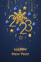 Happy New 2023 Year. Hanging Golden metallic numbers 2023 with shining snowflake and confetti on blue background. New Year greeting card or banner template. Holiday decoration. Vector illustration.