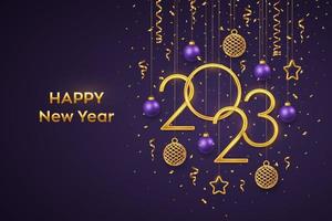 Happy New 2023 Year. Hanging Golden metallic numbers 2023 with shining 3D metallic stars, balls, confetti on purple background. New Year greeting card, banner template. Realistic Vector illustration.