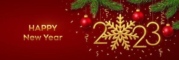 Happy New 2023 Year. Hanging Golden metallic numbers 2023 with snowflake, balls, pine branches and confetti on red background. New Year greeting card or banner template. Holiday decoration. Vector. vector