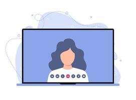 A woman manages an online business, holds meetings and communicates with staff using a laptop vector