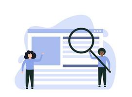 Job search, recruitment or an opportunity for the candidate to find the right job online. Unemployed people look at ads on the site with a magnifying glass vector