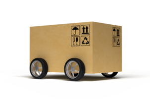 caja de cartón con ruedas. representación 3d png