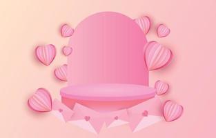 Valentine's day concept background. vector illustration podium decorated with envelope. sweet and pink paper cut hearts with Round pedestal. Cute love sale banner or greeting card