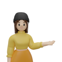 Mujeres de personajes 3D de pie y señalando con la mano. de cerca png