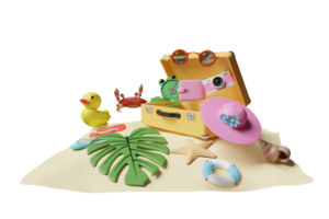 summer travel with yellow suitcase, island, camera, alarm clock, duck, sandals, palm leaf, lifebuoy, sunglasses, hat, starfish, shellfish isolated. concept 3d illustration, 3d render png