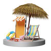 voyage d'été avec podium de scène de cylindre, parapluie, bouée de sauvetage, chaise de plage, bord de mer, téléphone portable isolé. concept illustration 3d ou rendu 3d png