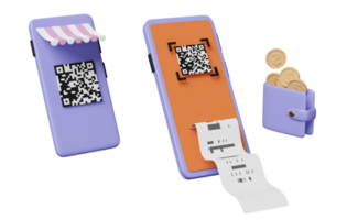mobil telefon, smartphone med Lagra främre, streckkod, qr koda läser in, plånbok, mynt, betalning elektronisk räkningen isolerat. uppkopplad handla begrepp, 3d illustration, 3d framställa png
