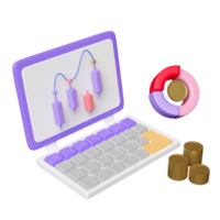 3d laptop computer with charts and graph, analysis business financial data, Online marketing, pile coins isolated. 3d illustration or 3d render png