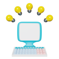 laptop computer monitor with yellow light bulb isolated, abstract background. idea tip concept, 3d illustration, 3d render png