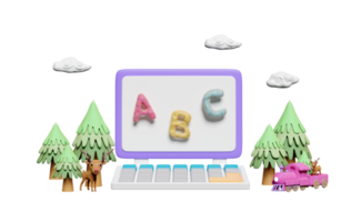 3d  laptop computer monitor with character ABC clay toy, deer, doe, fawn standing on pine forest from plasticine isolated. e learning concept, 3d render illustration png