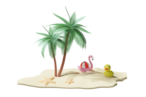 Beach with seaside, yellow duck, inflatable flamingo, ball, starfish isolated. summer travel concept, 3d illustration or 3d render png